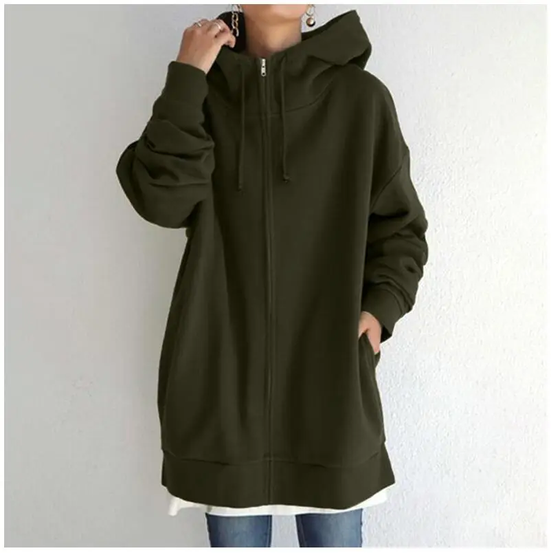 Brown Zipper Hooded Long Coat for Women