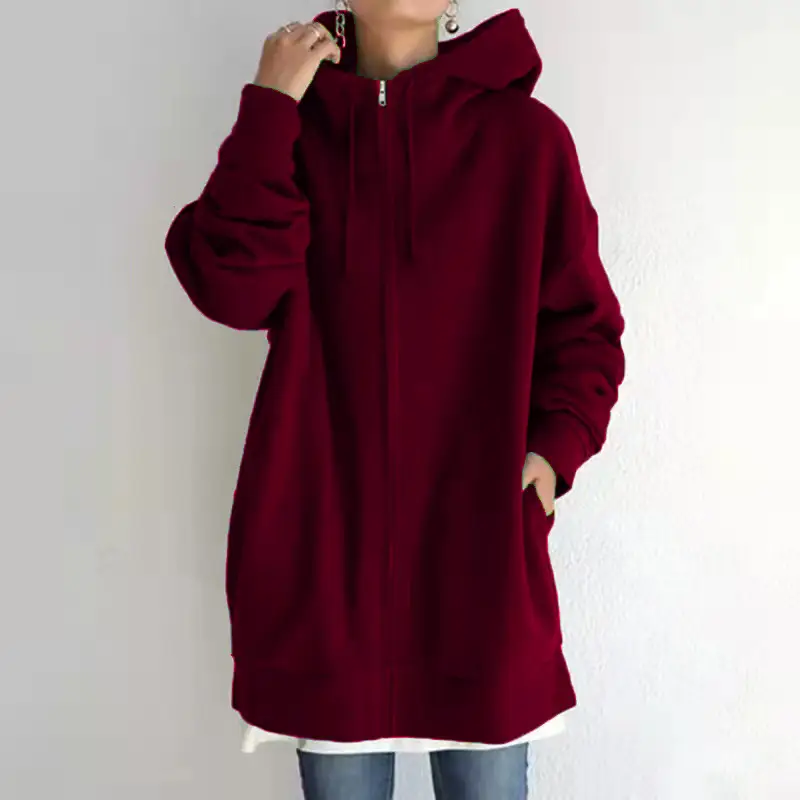 Brown Zipper Hooded Long Coat for Women