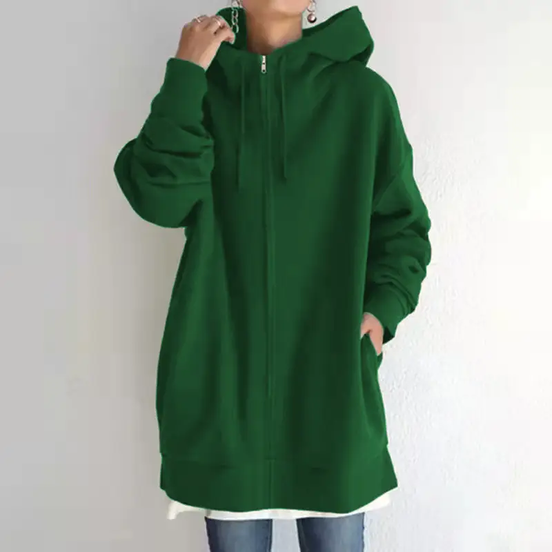 Brown Zipper Hooded Long Coat for Women