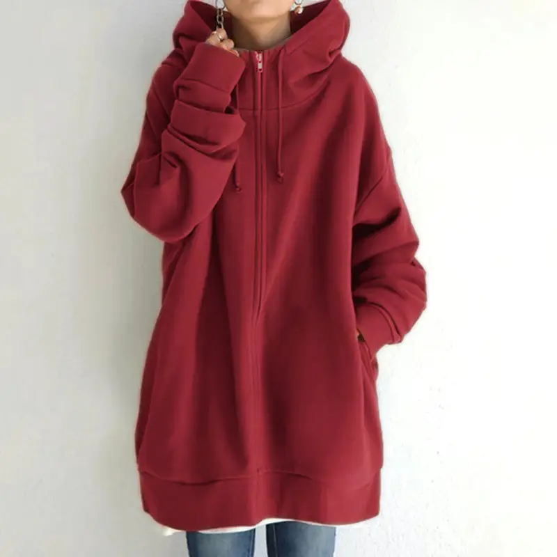 Brown Zipper Hooded Long Coat for Women