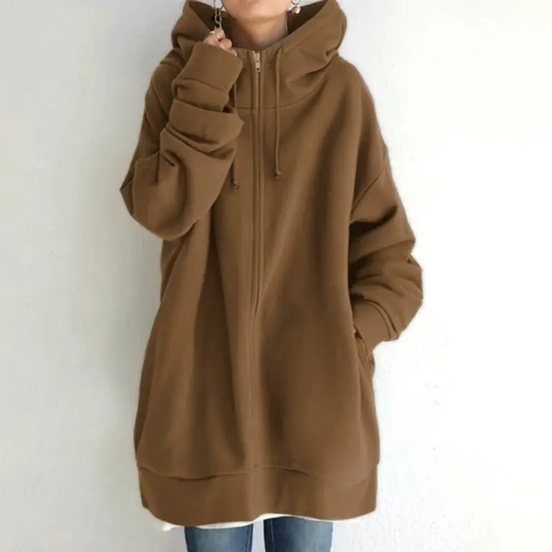 Brown Zipper Hooded Long Coat for Women