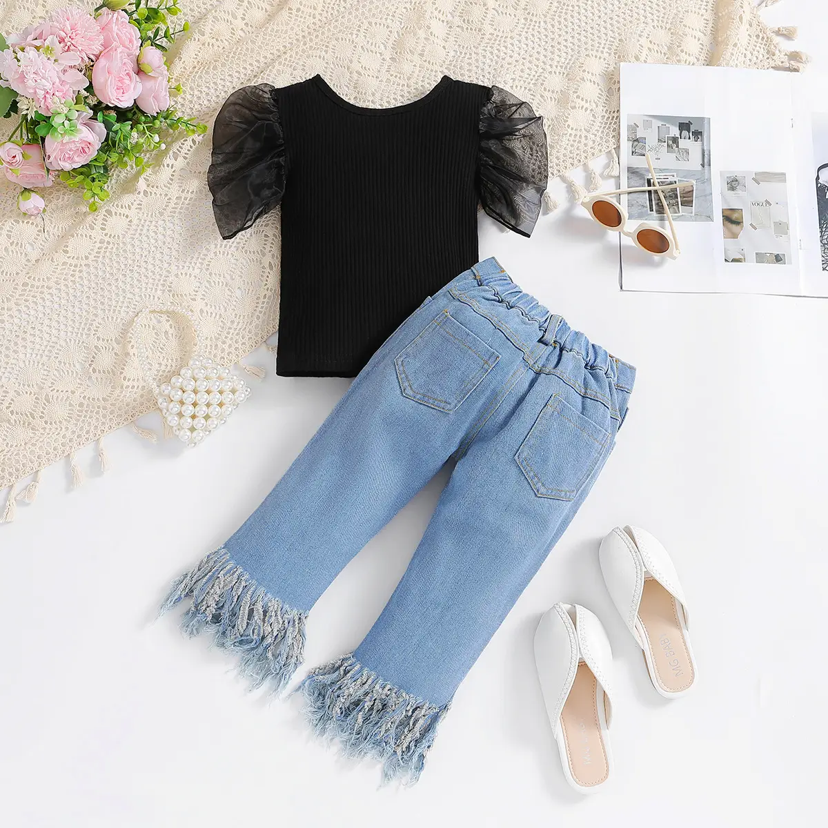 Girls Blue Jeans & Black Top 2-Piece Set Summer - Image 3