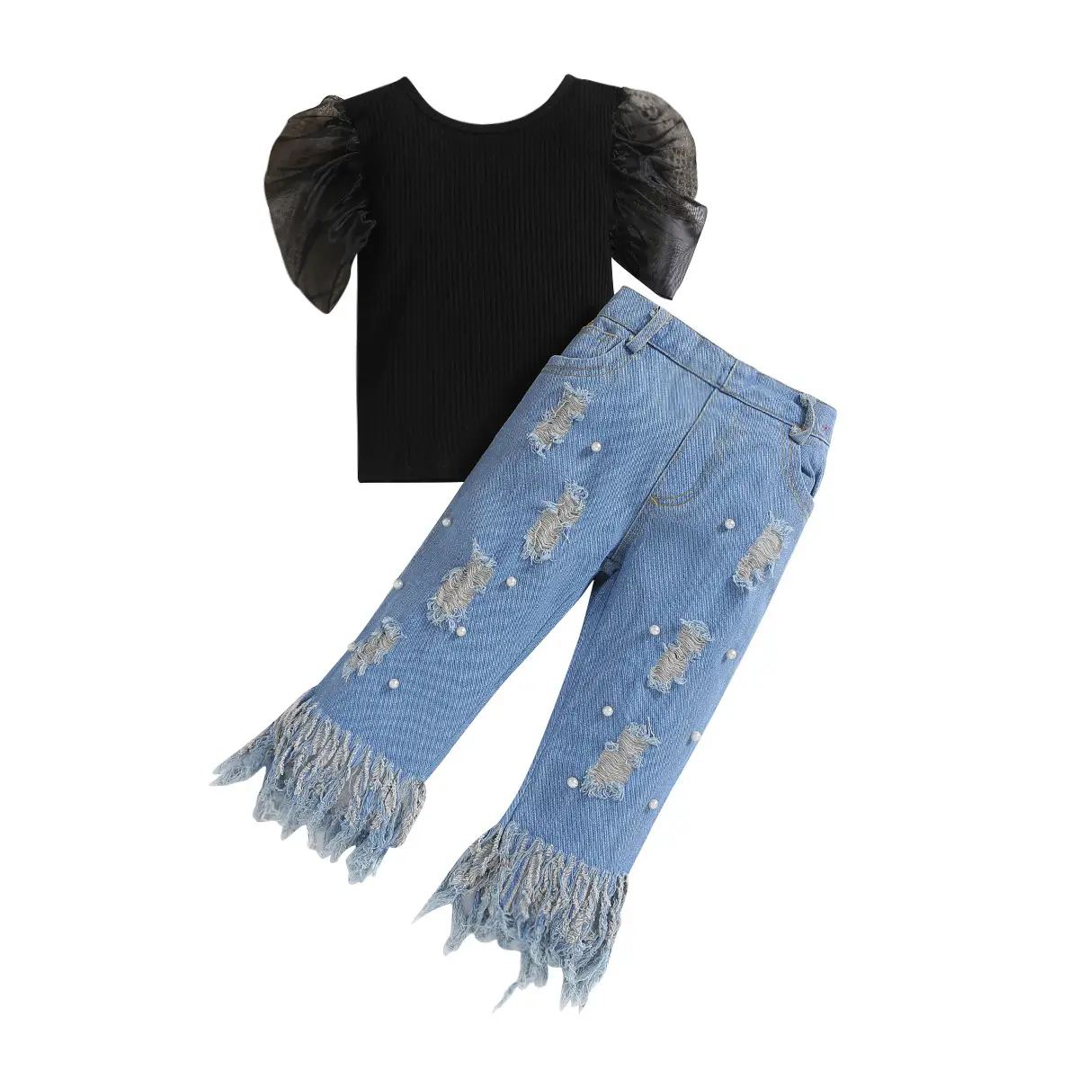 Girls Blue Jeans & Black Top 2-Piece Set Summer - Image 5