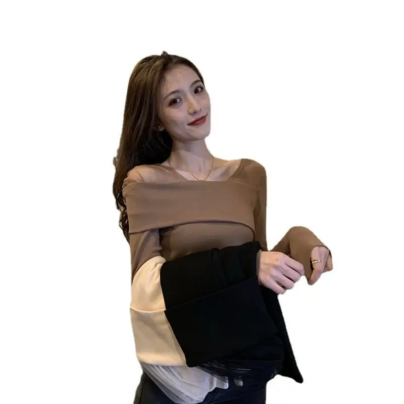 Women's Stitching Mesh Long Sleeve T-Shirt Brown Slim Fit