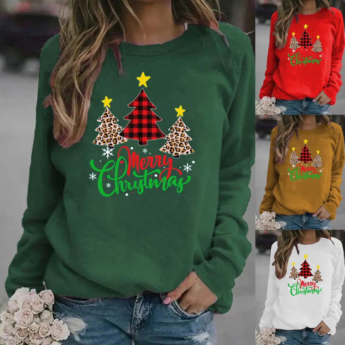 Women Christmas Printed Long Sleeve Sweater Green