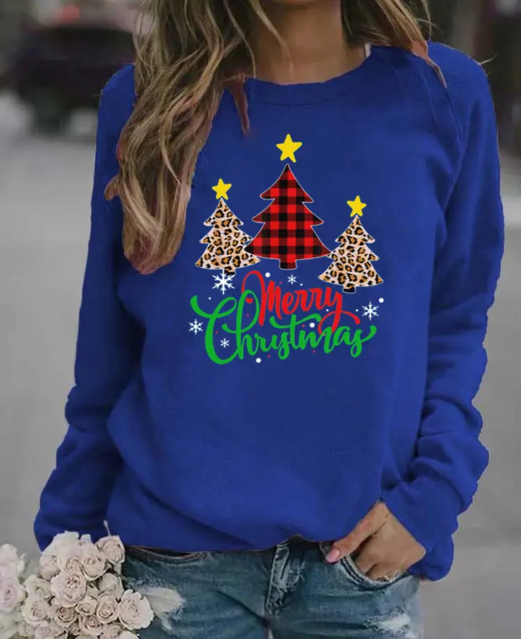 Women Christmas Printed Long Sleeve Sweater Green
