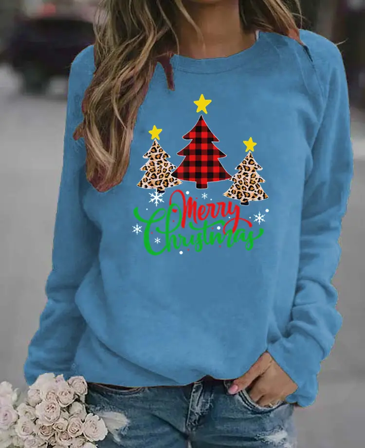 Women Christmas Printed Long Sleeve Sweater Green