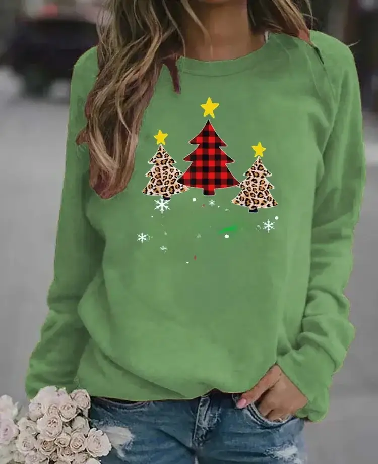 Women Christmas Printed Long Sleeve Sweater Green