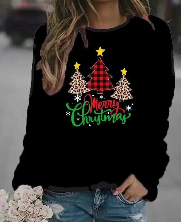 Women Christmas Printed Long Sleeve Sweater Green
