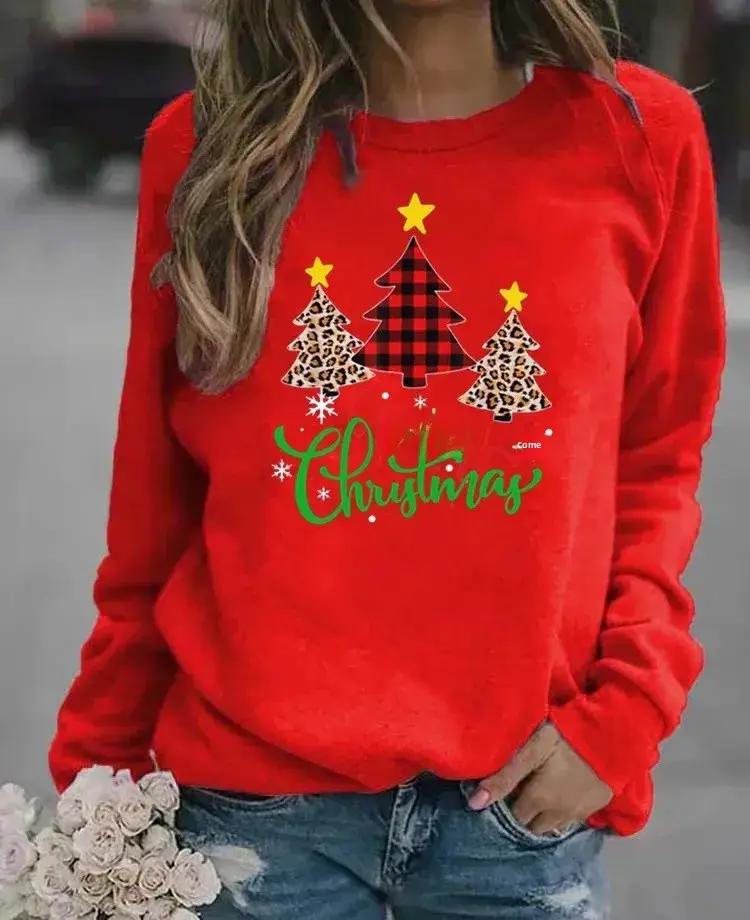 Women Christmas Printed Long Sleeve Sweater Green