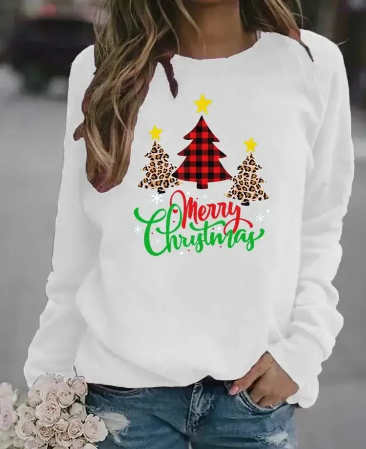 Women Christmas Printed Long Sleeve Sweater Green