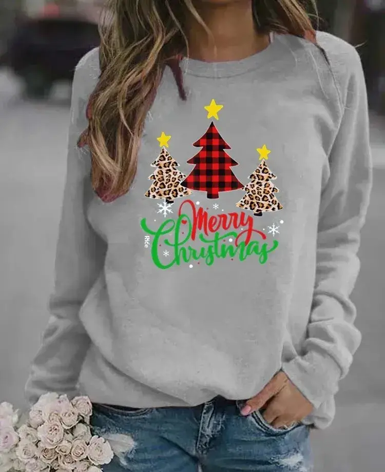 Women Christmas Printed Long Sleeve Sweater Green