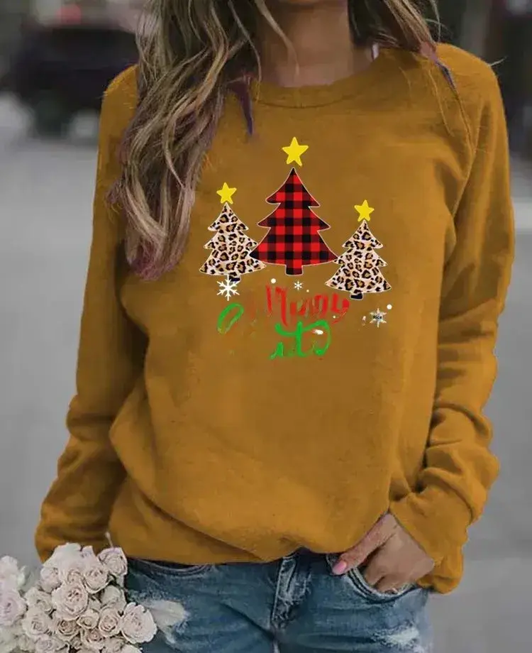 Women Christmas Printed Long Sleeve Sweater Green
