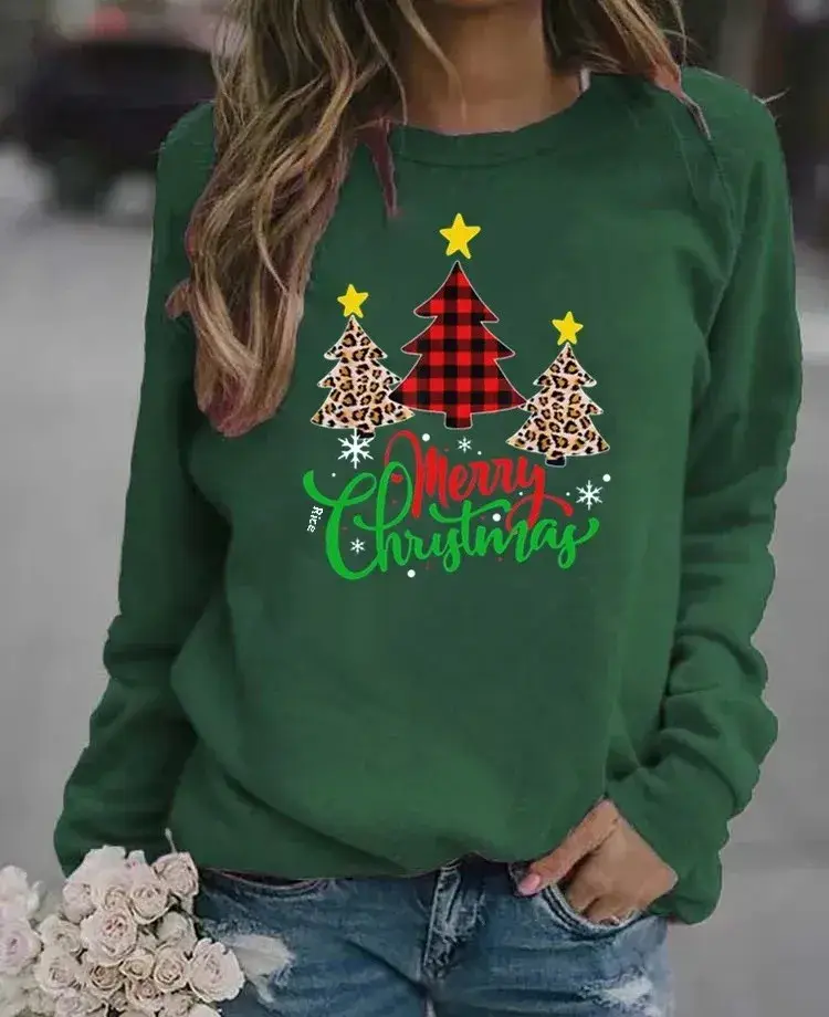 Women Christmas Printed Long Sleeve Sweater Green