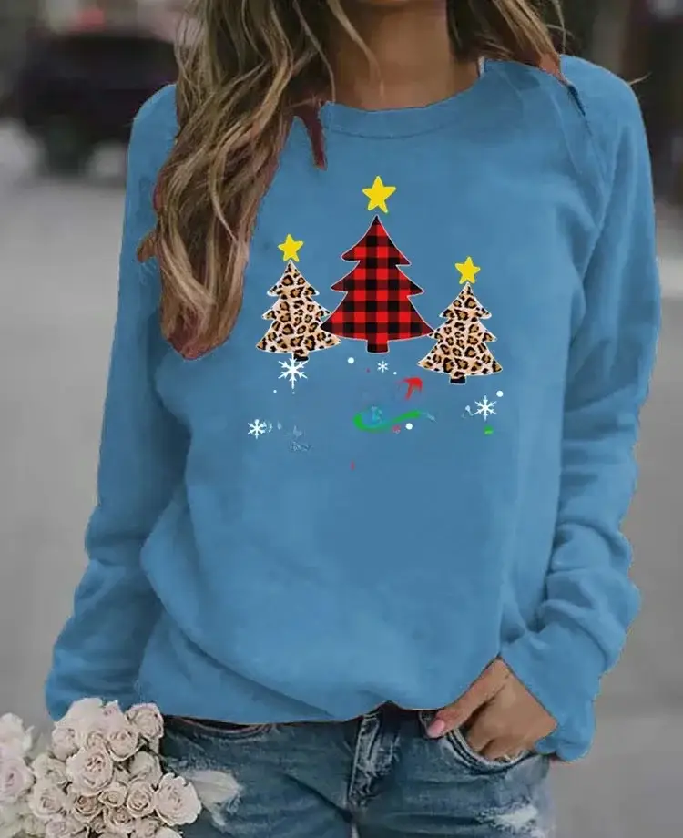 Women Christmas Printed Long Sleeve Sweater Green