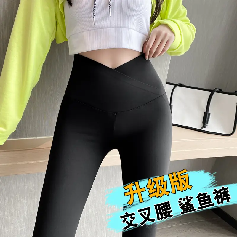 Women Black Cross Waist Leggings Thin Tight Fit - Image 6