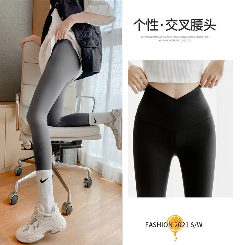 Women Black Cross Waist Leggings Thin Tight Fit - Image 2
