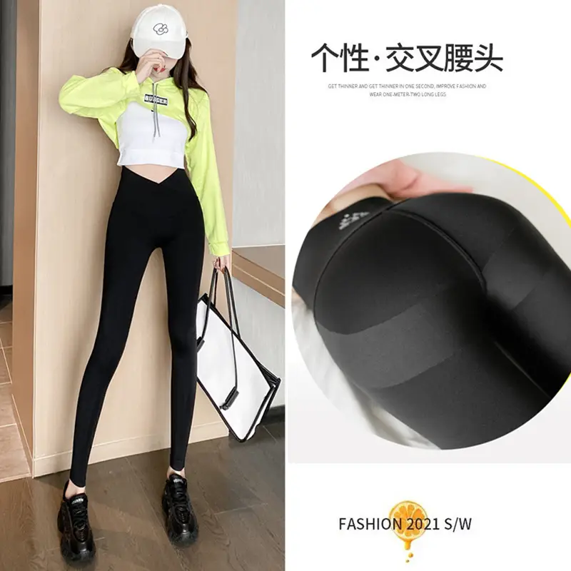 Women Black Cross Waist Leggings Thin Tight Fit - Image 3