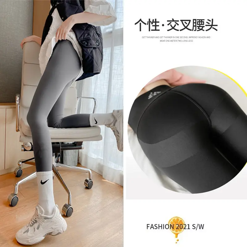 Women Black Cross Waist Leggings Thin Tight Fit - Image 4