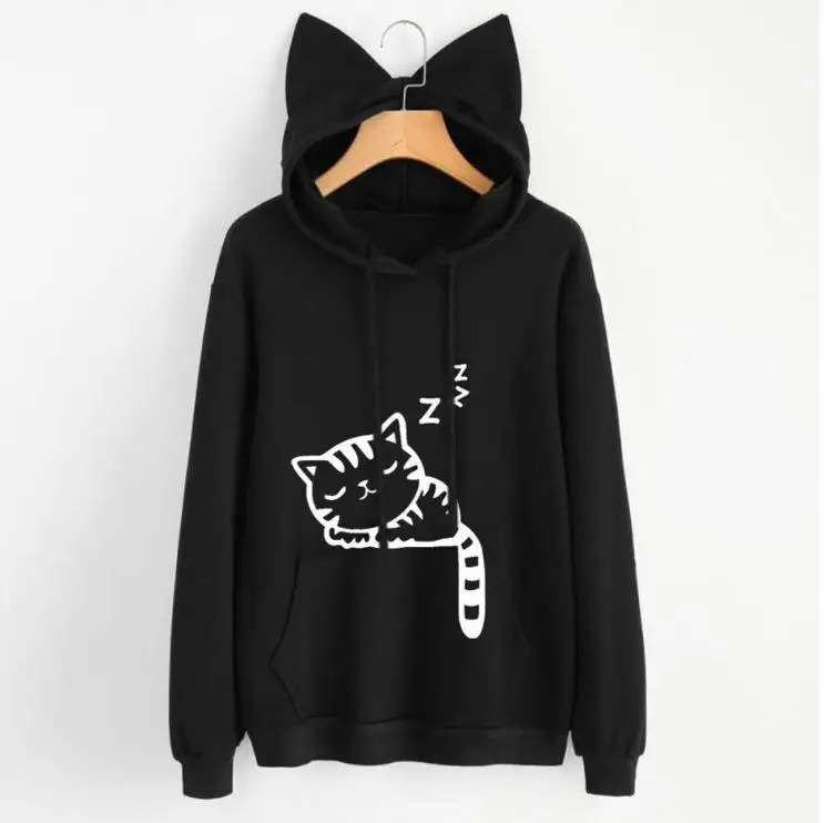 Spring Hooded Pullover Cat Print Cotton Black - Image 5