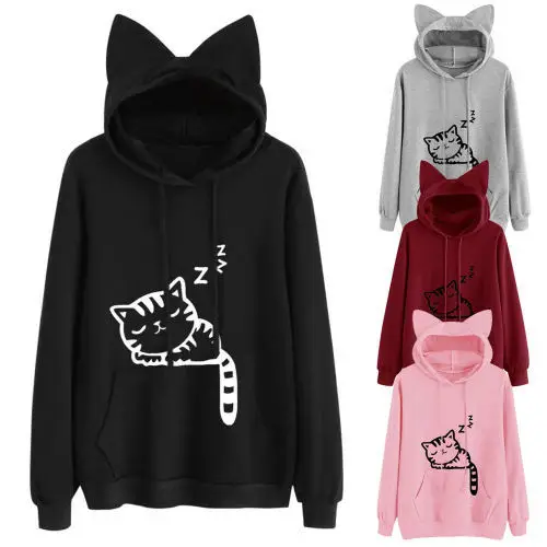 Spring Hooded Pullover Cat Print Cotton Black - Image 6