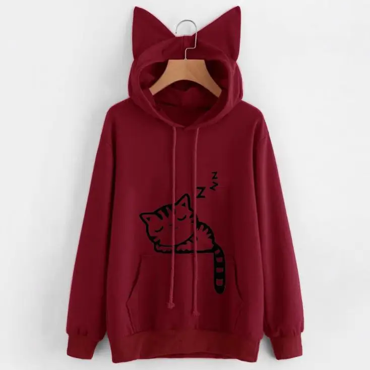 Spring Hooded Pullover Cat Print Cotton Black - Image 7