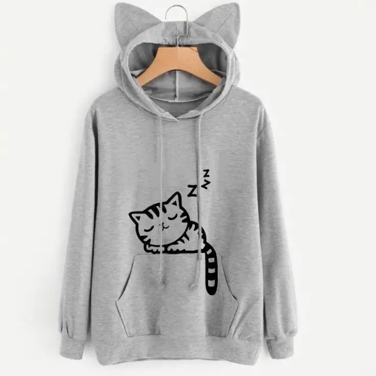 Spring Hooded Pullover Cat Print Cotton Black - Image 8