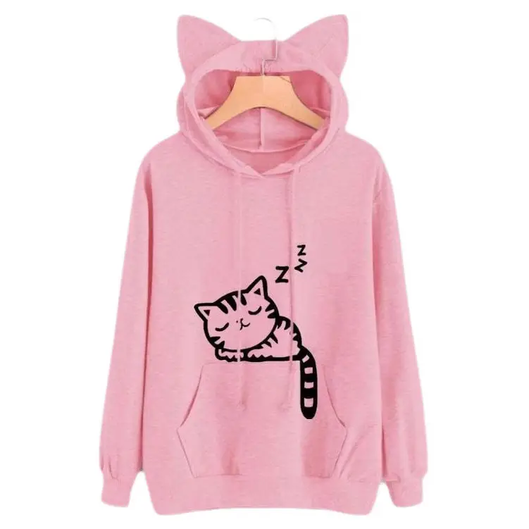 Spring Hooded Pullover Cat Print Cotton Black - Image 9
