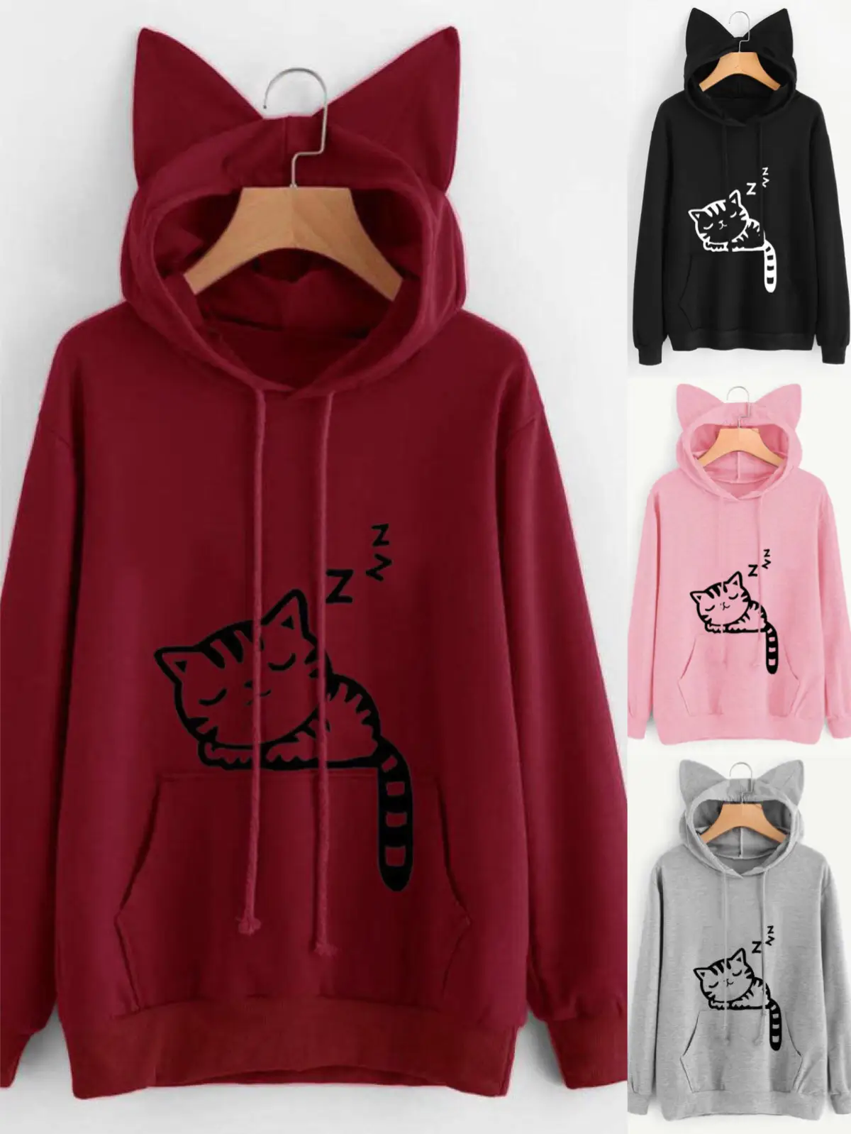 Spring Hooded Pullover Cat Print Cotton Black — feature 1