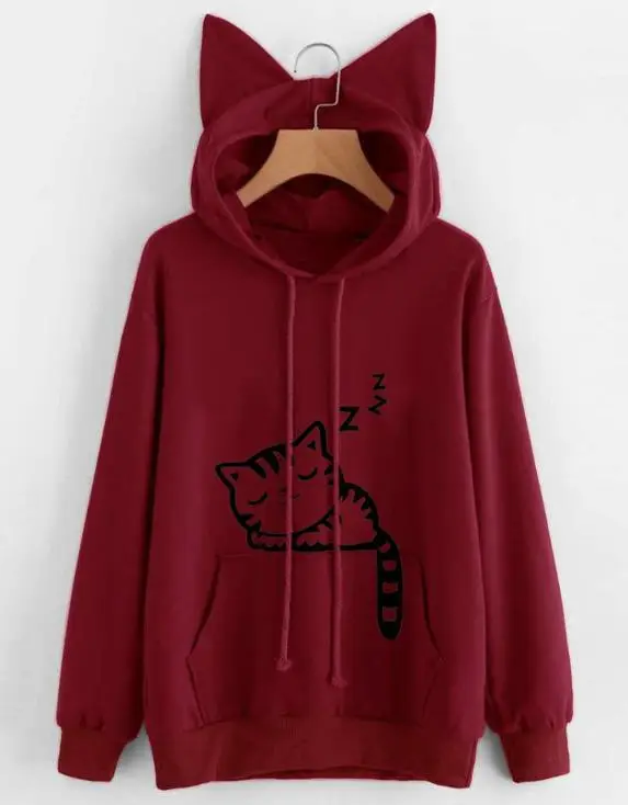 Spring Hooded Pullover Cat Print Cotton Black - Image 3