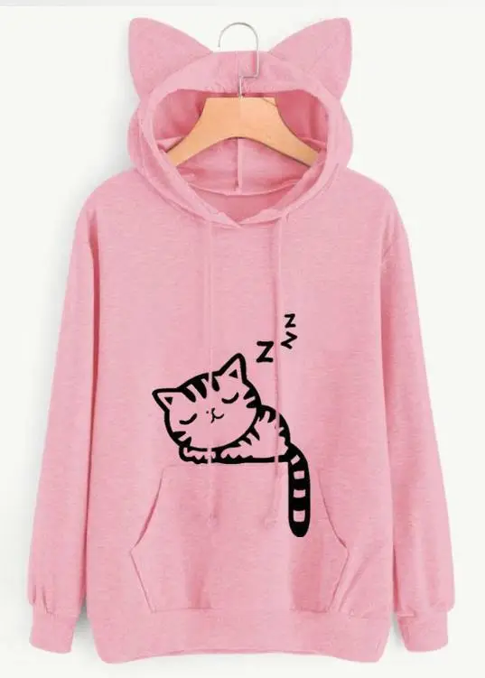 Spring Hooded Pullover Cat Print Cotton Black - Image 4