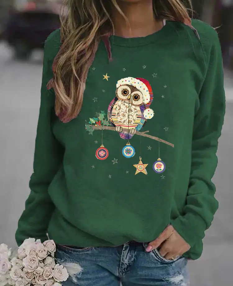 Women's Black Owl Printed Sweatshirt 2021 - Image 12