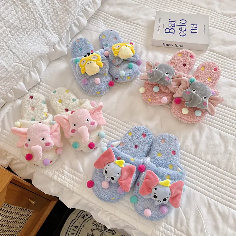 Autumn and winter New Wave dot cartoon plush dormitory home slippers baby elephant indoor warm cotton slippers indoor slippers for women