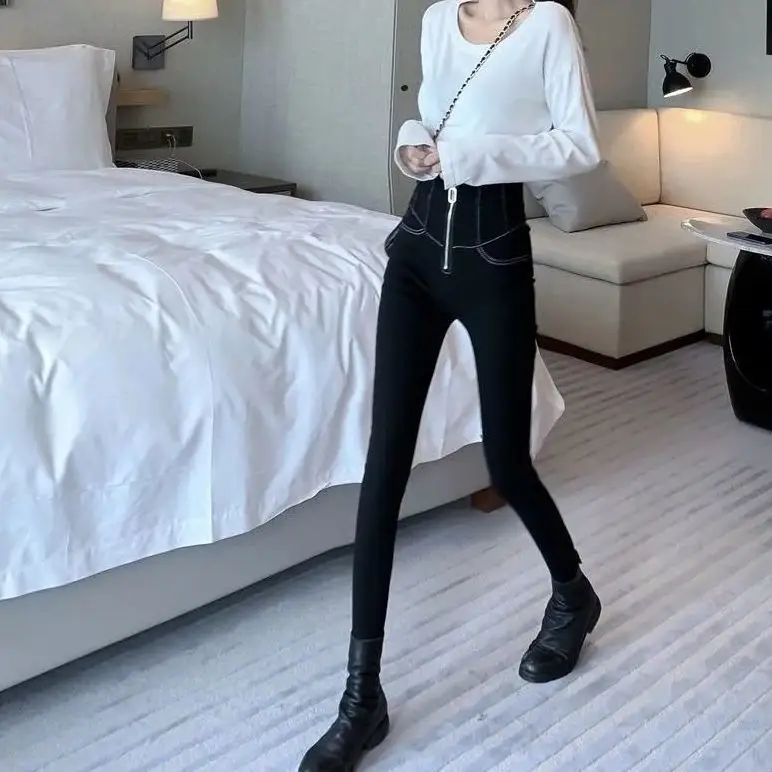 Women's Slimming High Waist Leggings Black with Zipper - Image 8