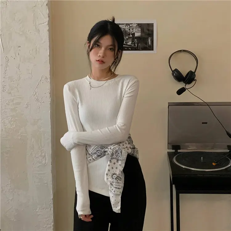 Women Korean Style Side Slit Shirt White Black Long Sleeve
