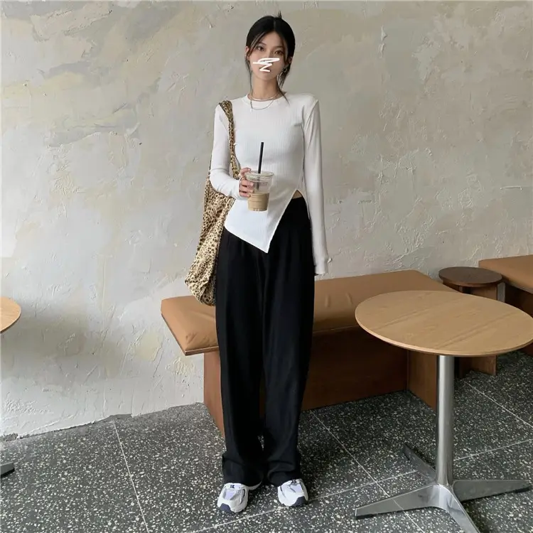 Women Korean Style Side Slit Shirt White Black Long Sleeve