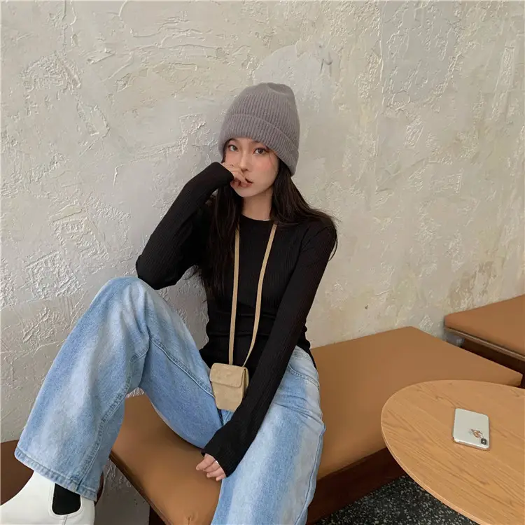 Women Korean Style Side Slit Shirt White Black Long Sleeve