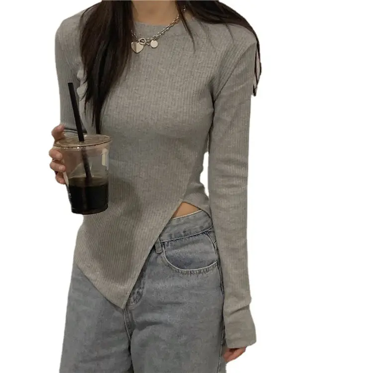 Women Korean Style Side Slit Shirt White Black Long Sleeve