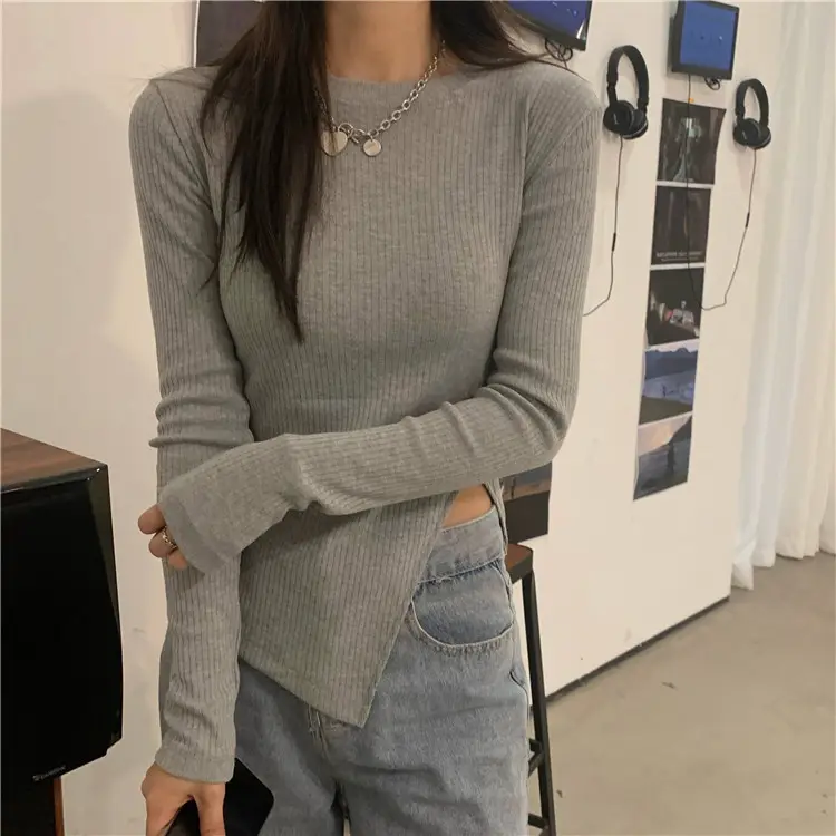 Women Korean Style Side Slit Shirt White Black Long Sleeve