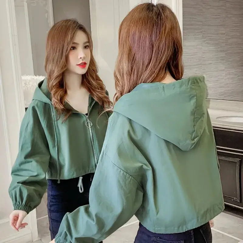 Women's Green Hooded Jacket Short Sleeve Casual Korean Style - Image 4