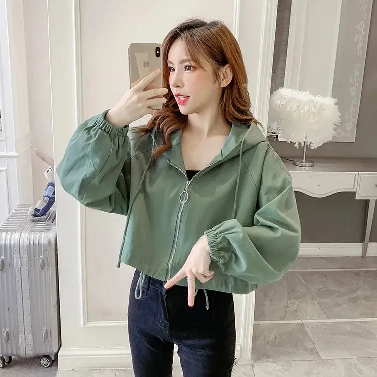 Women's Green Hooded Jacket Short Sleeve Casual Korean Style - Image 2
