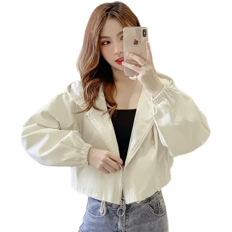 Women's Green Hooded Jacket Short Sleeve Casual Korean Style - Image 5