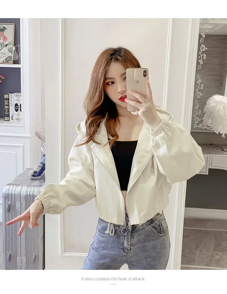 Women's Green Hooded Jacket Short Sleeve Casual Korean Style — feature 10