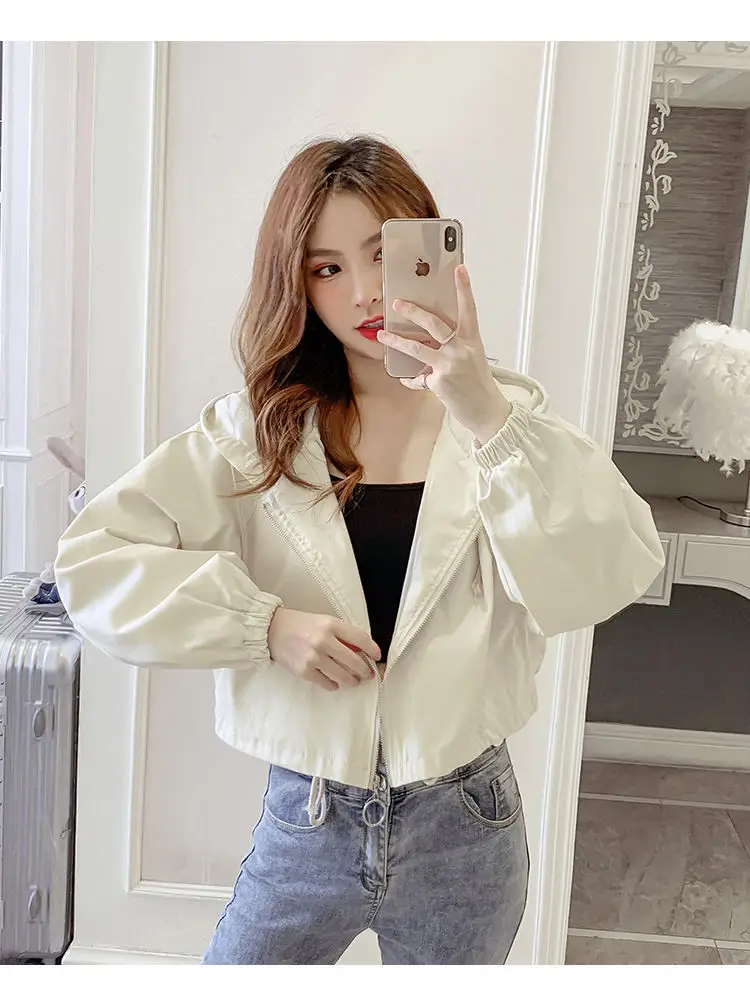 Women's Green Hooded Jacket Short Sleeve Casual Korean Style — feature 11