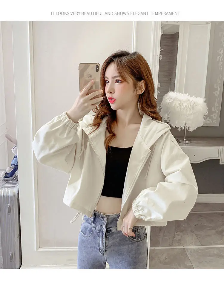 Women's Green Hooded Jacket Short Sleeve Casual Korean Style — feature 12