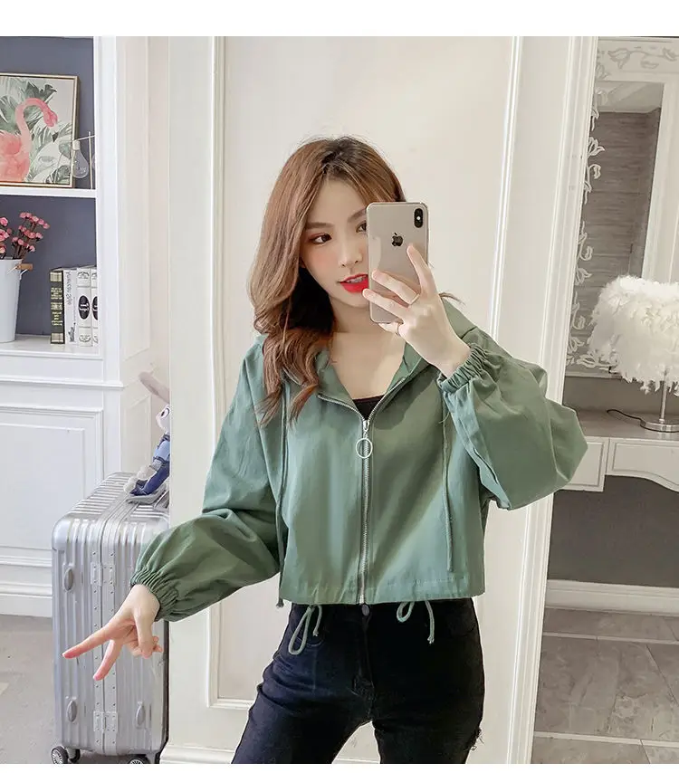 Women's Green Hooded Jacket Short Sleeve Casual Korean Style — feature 15