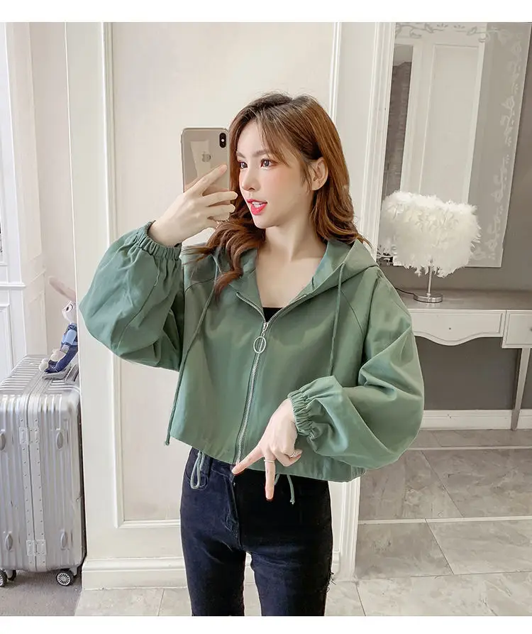 Women's Green Hooded Jacket Short Sleeve Casual Korean Style — feature 17