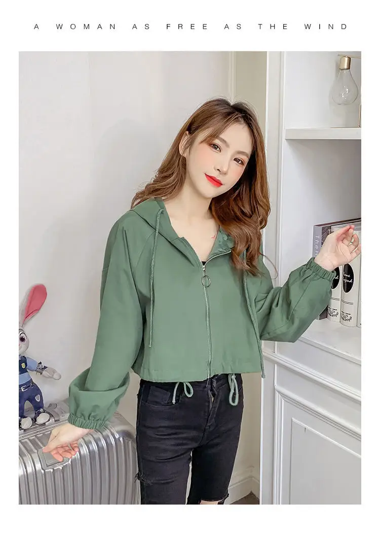Women's Green Hooded Jacket Short Sleeve Casual Korean Style — feature 20