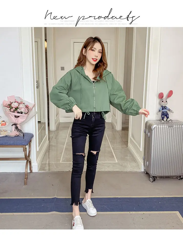Women's Green Hooded Jacket Short Sleeve Casual Korean Style — feature 22
