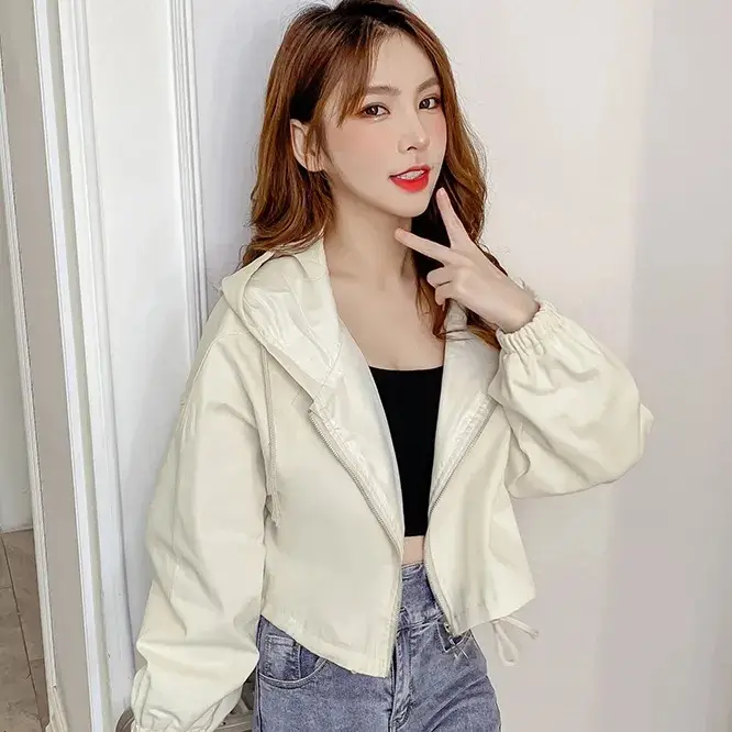 Women's Green Hooded Jacket Short Sleeve Casual Korean Style — feature 4
